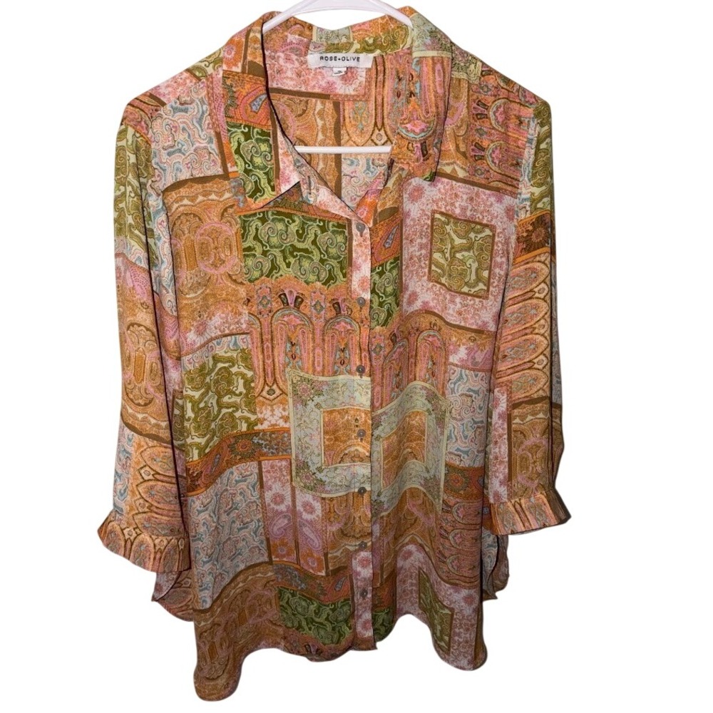 Rose + Olive Paisley Patchwork Button Down Blouse Orange Pink Green 1X